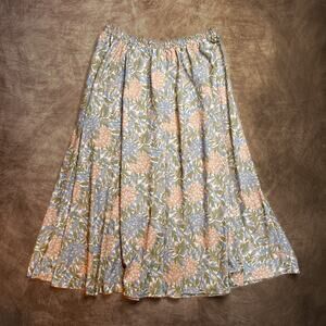 Vintage 80s Floral Midi Skirt Multicolor Lightweight Elastic Waist Cottage Fairy